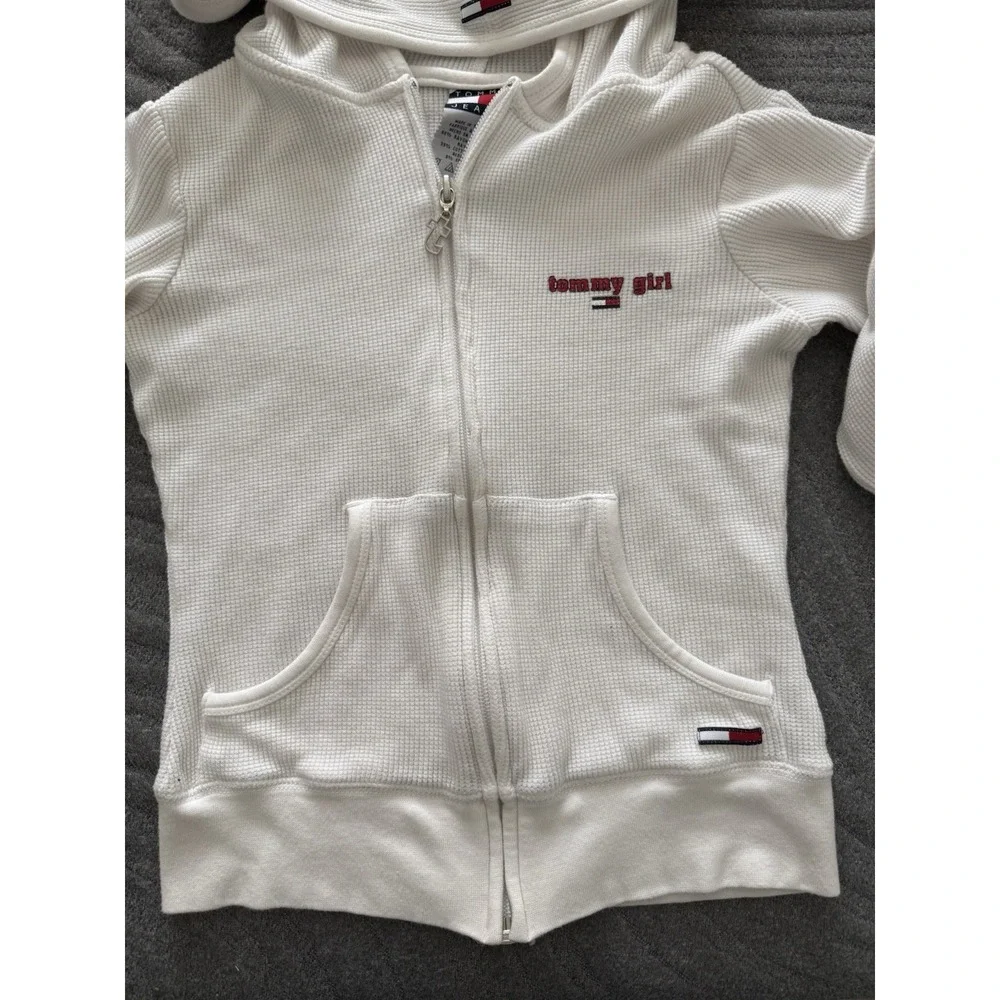 VTG Y2K Tommy Girl Hilfiger Full‎ Zip Sweater Hoodie Waffle Knit White Small